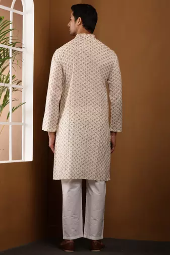 Men off-white & gold printed straight kurta with white pyjama set