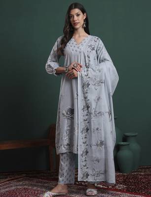 grey pure cotton floral,beads and stones kurta pants dupatta set 1