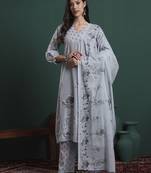 grey pure cotton floral,beads and stones kurta pants dupatta set