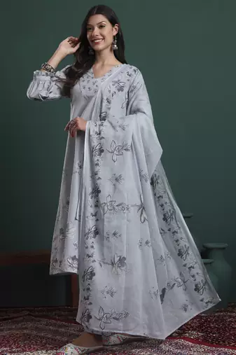 grey pure cotton floral,beads and stones kurta pants dupatta set