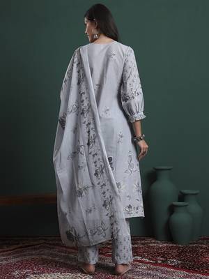grey pure cotton floral,beads and stones kurta pants dupatta set 3