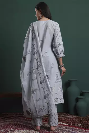 grey pure cotton floral,beads and stones kurta pants dupatta set