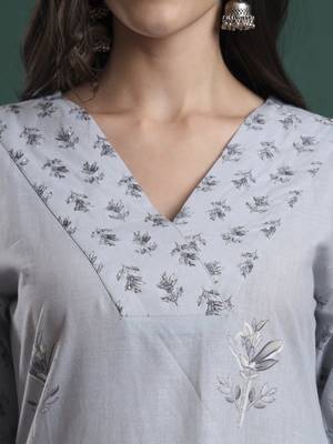 grey pure cotton floral,beads and stones kurta pants dupatta set 4