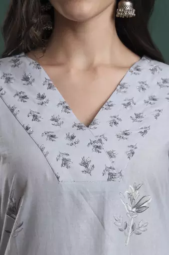 grey pure cotton floral,beads and stones kurta pants dupatta set