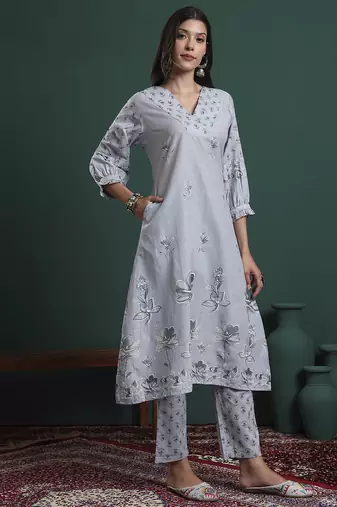 grey pure cotton floral,beads and stones kurta pants dupatta set
