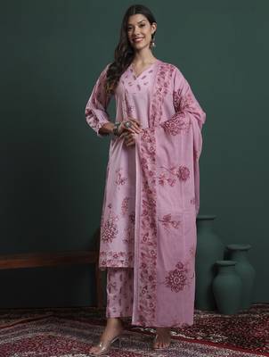 pink pure cotton floral,beads and stones kurta pants dupatta set 1