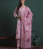 pink pure cotton floral,beads and stones kurta pants dupatta set