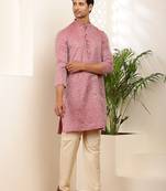 Men pink printed straight kurta with cream pyjama set