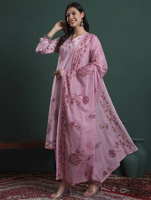 pink pure cotton floral,beads and stones kurta pants dupatta set 2