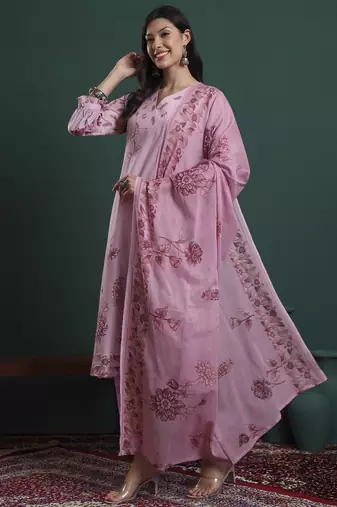 pink pure cotton floral,beads and stones kurta pants dupatta set