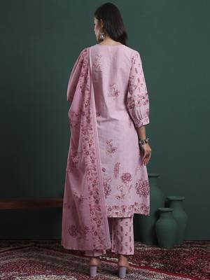 pink pure cotton floral,beads and stones kurta pants dupatta set 3