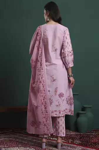 pink pure cotton floral,beads and stones kurta pants dupatta set