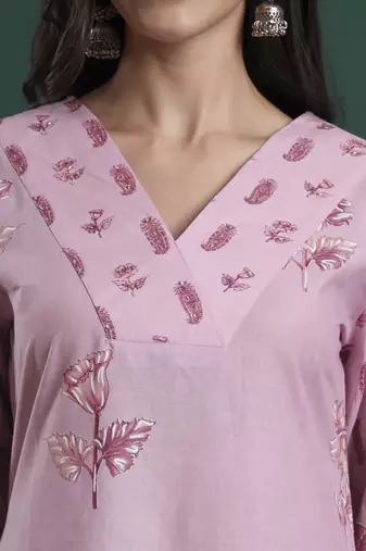 pink pure cotton floral,beads and stones kurta pants dupatta set