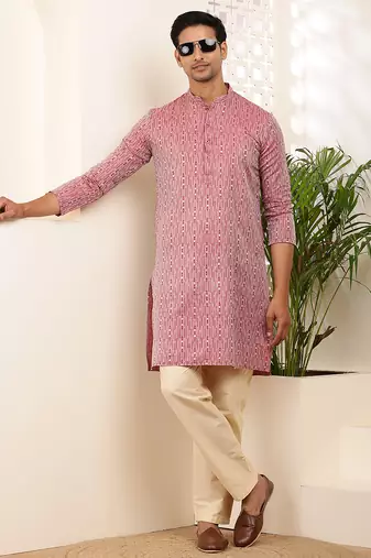 Men pink printed straight kurta with cream pyjama set
