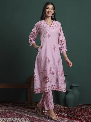 pink pure cotton floral,beads and stones kurta pants dupatta set 5