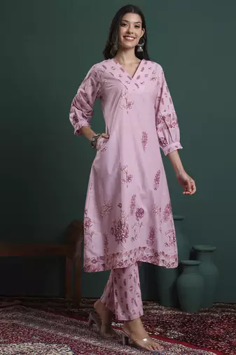 pink pure cotton floral,beads and stones kurta pants dupatta set