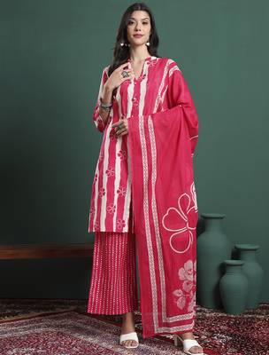 pink pure cotton striped kurta palazzo dupatta set 1