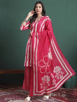 pink pure cotton striped kurta palazzo dupatta set 2