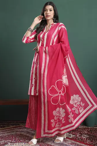 pink pure cotton striped kurta palazzo dupatta set