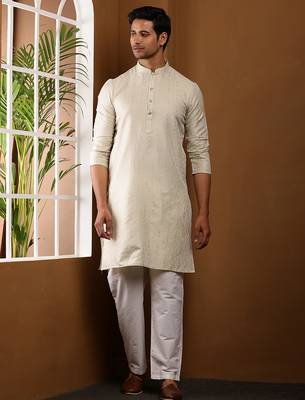 Men beige textured kurta with white pyjama set 1