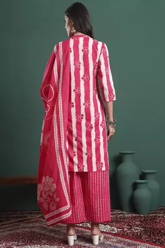 pink pure cotton striped kurta palazzo dupatta set