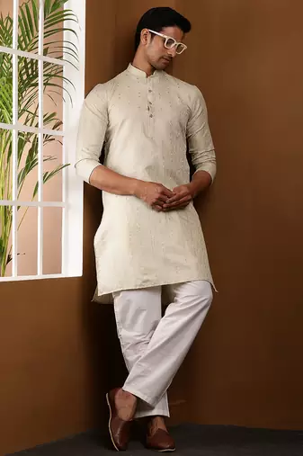 Men beige textured kurta with white pyjama set