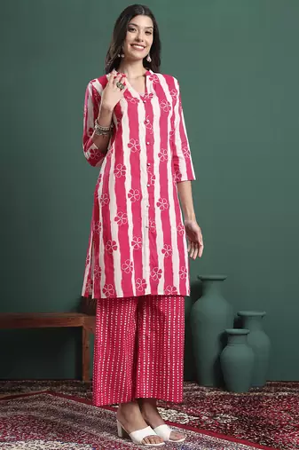 pink pure cotton striped kurta palazzo dupatta set