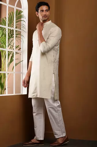 Men beige textured kurta with white pyjama set