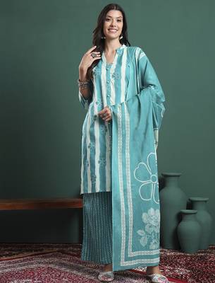 blue pure cotton striped kurta palazzo dupatta set 1