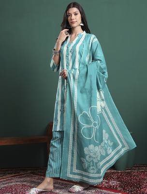 blue pure cotton striped kurta palazzo dupatta set 2