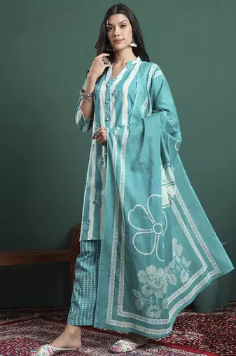 blue pure cotton striped kurta palazzo dupatta set