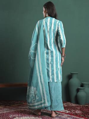 blue pure cotton striped kurta palazzo dupatta set 3