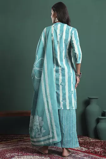 blue pure cotton striped kurta palazzo dupatta set