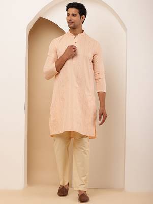 Men peach embroidered kurta with beige pyjama set 1