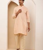 Men peach embroidered kurta with beige pyjama set