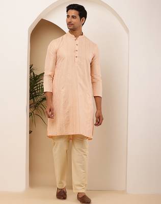 Men peach embroidered kurta with beige pyjama set 2