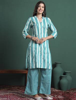 blue pure cotton striped kurta palazzo dupatta set 5