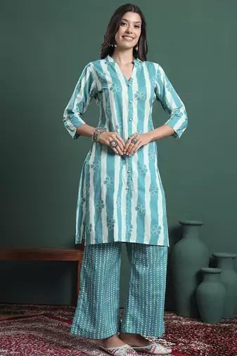 blue pure cotton striped kurta palazzo dupatta set
