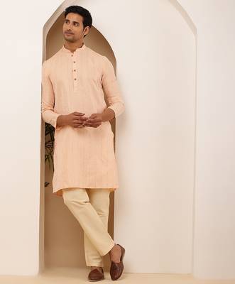 Men peach embroidered kurta with beige pyjama set 3