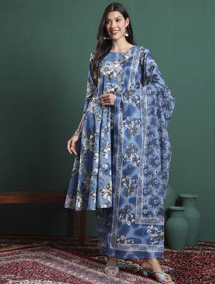 blue floral print a-line maternity kurta trouser dupatta set 1