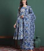 blue floral print a-line maternity kurta trouser dupatta set