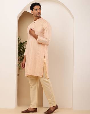 Men peach embroidered kurta with beige pyjama set 4