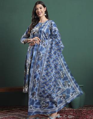 blue floral print a-line maternity kurta trouser dupatta set 2