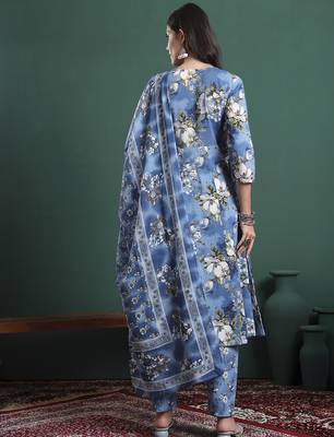 blue floral print a-line maternity kurta trouser dupatta set 3