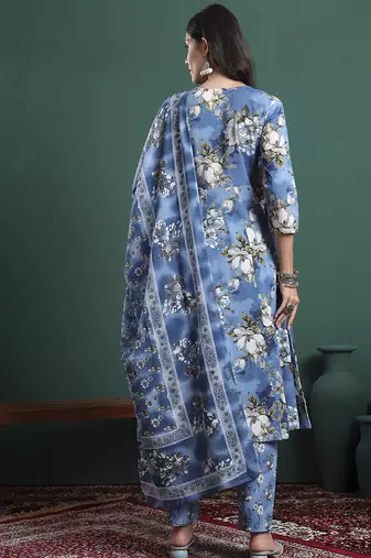 blue floral print a-line maternity kurta trouser dupatta set