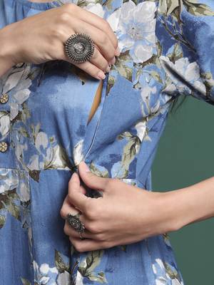 blue floral print a-line maternity kurta trouser dupatta set 5