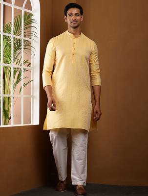 Men yellow embroidered kurta with white pyjama set 1