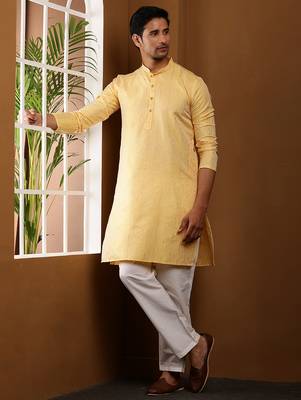 Men yellow embroidered kurta with white pyjama set 2