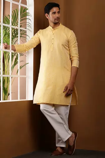 Men yellow embroidered kurta with white pyjama set