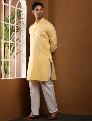 Men yellow embroidered kurta with white pyjama set 3